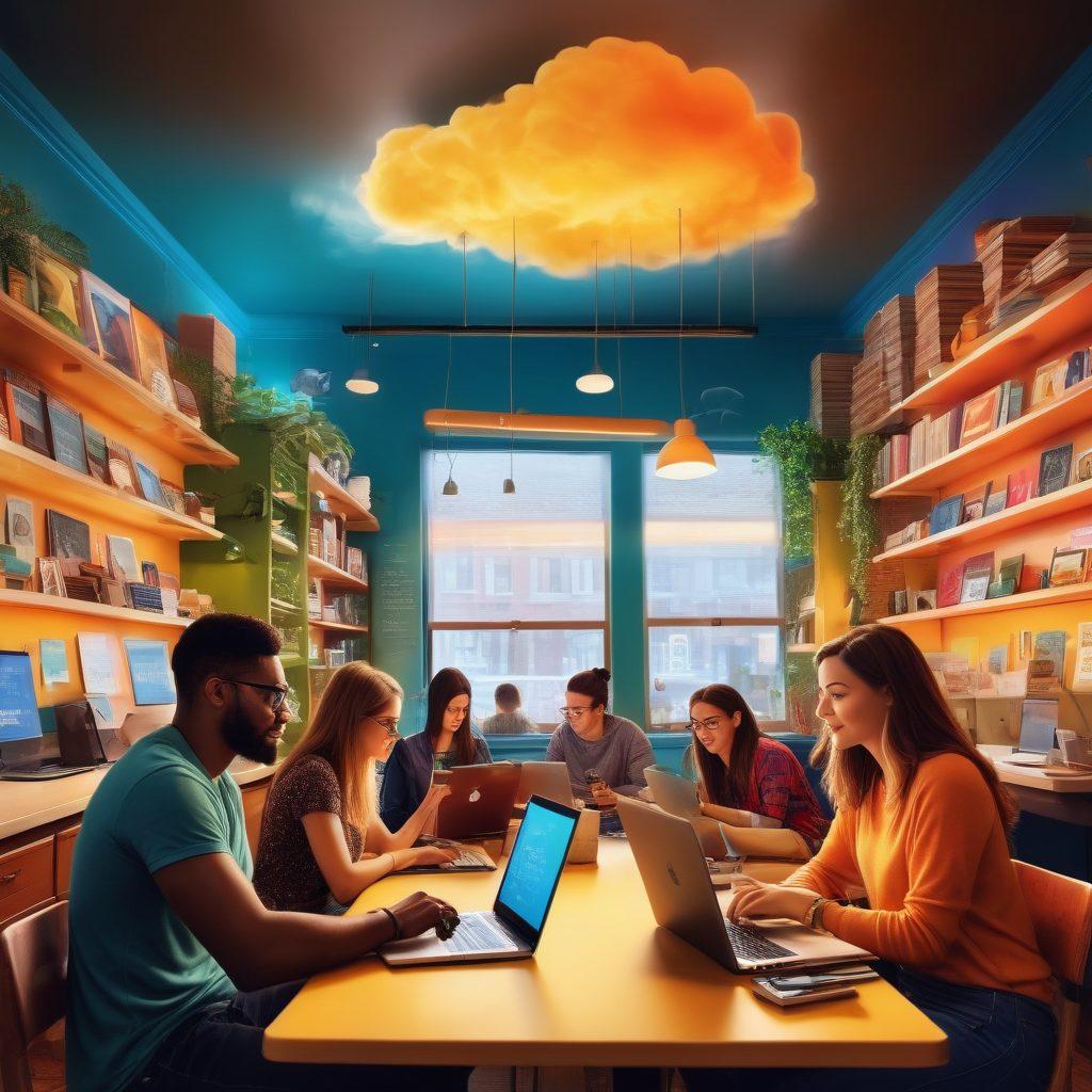 A vibrant illustration of a diverse group of bloggers, each with unique laptops and writing styles, brainstorming ideas in a lively coffee shop environment. The atmosphere is filled with bright colors, overflowing bookshelves, and inspirational quotes on the walls. Above them, a digital cloud showcases various online platforms and social media icons glowing with energy. super-realistic. vibrant colors. warm ambiance.