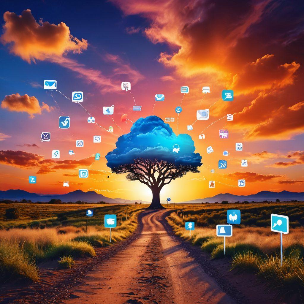 A visually striking digital landscape filled with icons representing blogging tools like word processors, analytics, and social media platforms, surrounded by a diverse group of aspiring bloggers engaging with technology. A pathway leading through this landscape, symbolizing the journey of blogging, under a vibrant sunset sky. super-realistic. vibrant colors. modern design.