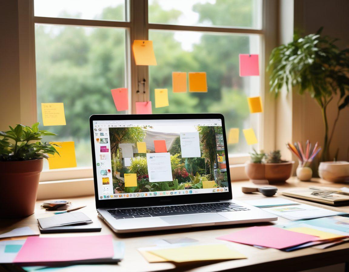 A laptop on a stylish desk surrounded by colorful sticky notes and a vibrant mood board, showcasing creative blog ideas and brand strategies. Bright light streaming through a window with greenery outside, representing growth and inspiration. Incorporate elements of social media icons and analytics graphs floating around, symbolizing the digital landscape. super-realistic. vibrant colors. warm lighting.
